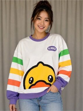 NWT B.Duck White Rainbow Sleeve Sweatshirt with Yellow Duck Graphic Youth